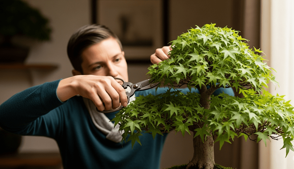 Bonsai enthusiast pruning their American Sweetgum Bonsai to maintain its compact shape and aesthetic appeal.