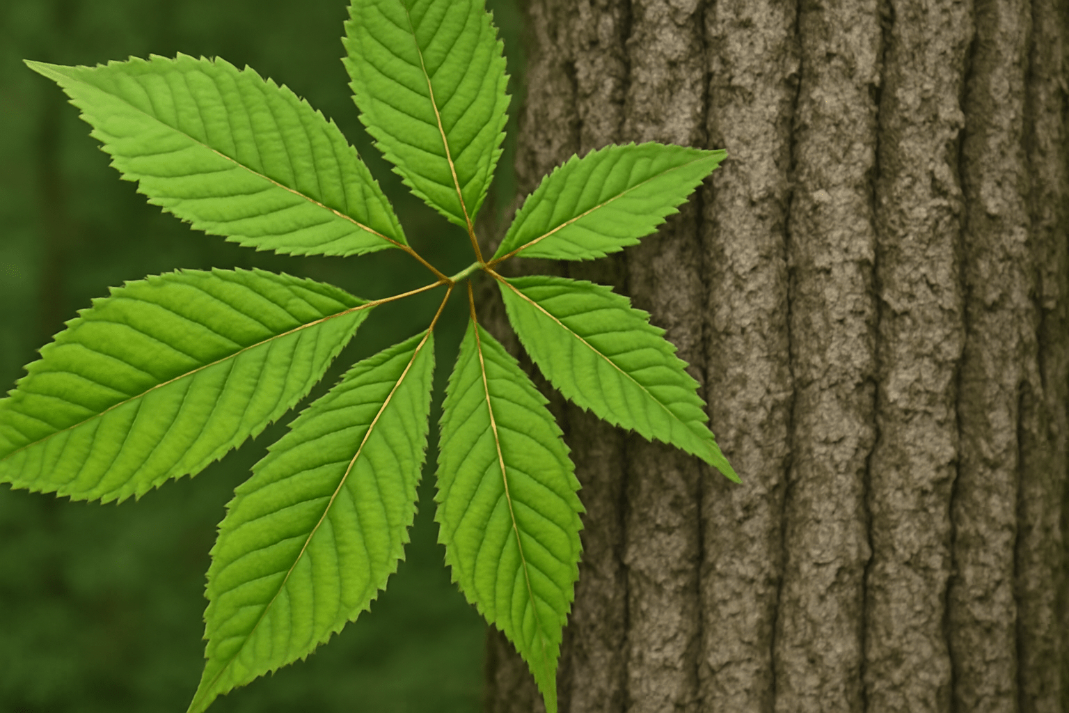 "Close-up of hickory tree leaves with jagged, serrated edges, accompanied by a detailed shot of its grayish bark with vertical ridges."