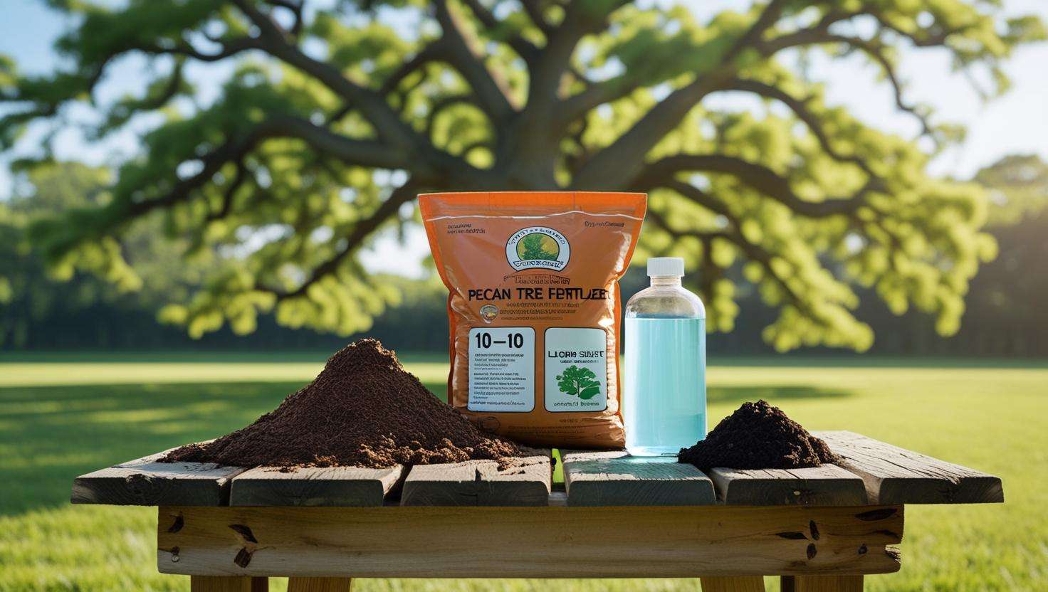 "Fertilizer products on a table with a pecan tree, showing options for how to fertilize pecan trees effectively."