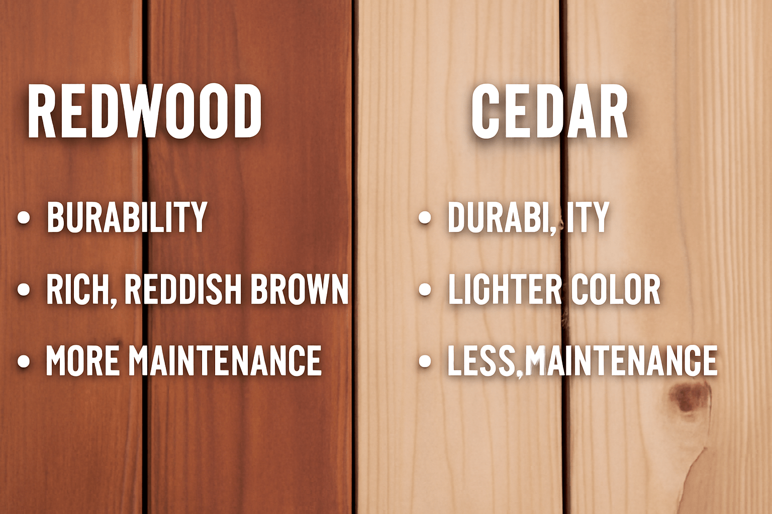 Two side-by-side panels compare wood types: Redwood is rich, reddish-brown, durable, and requires more maintenance; Cedar is lighter, durable, with less maintenance. Some words are misspelled.