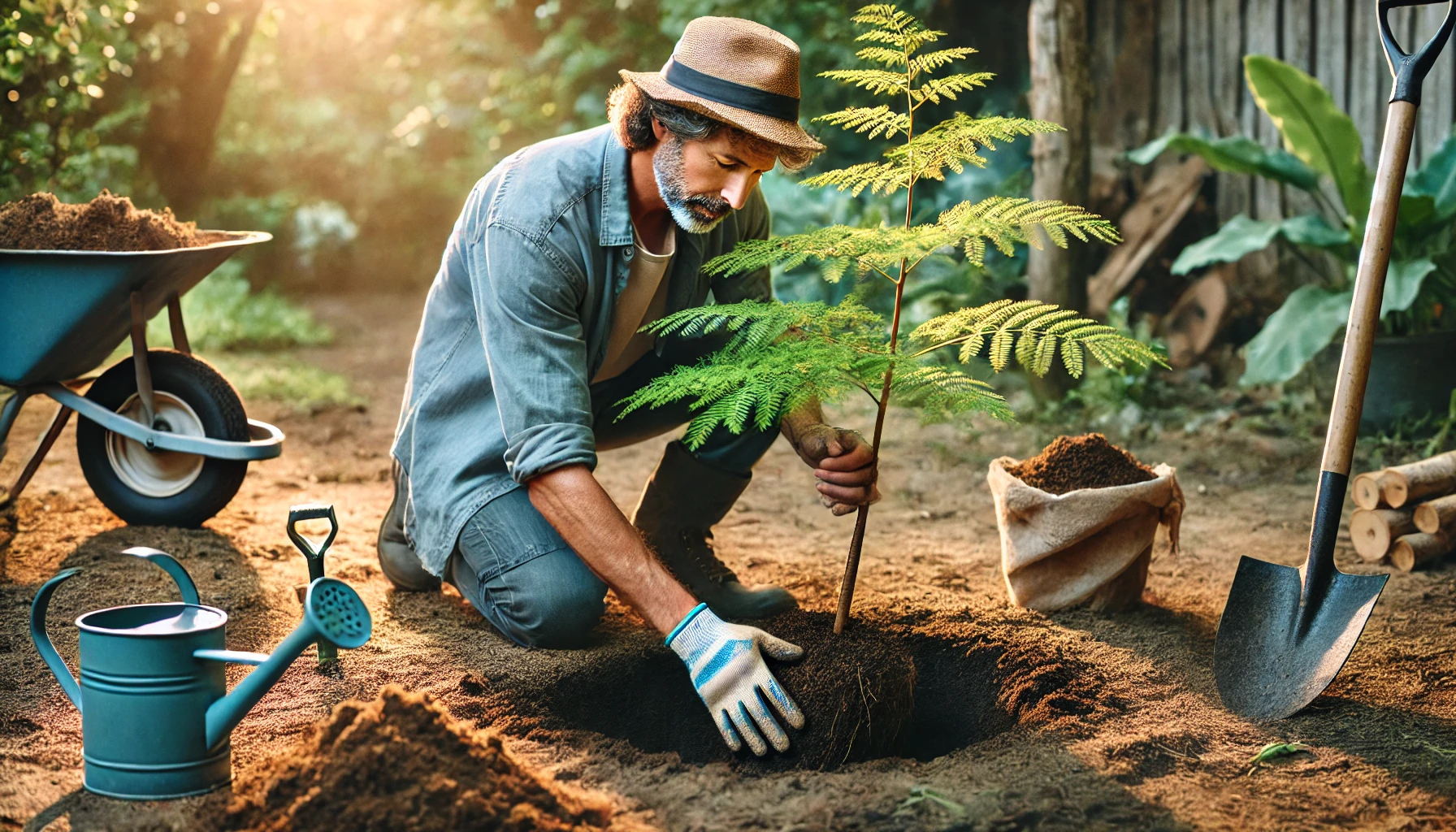 A person plants a young tree in the garden, surrounded by gardening tools, soil, and a wheelbarrow. Sunlight filters through the trees.