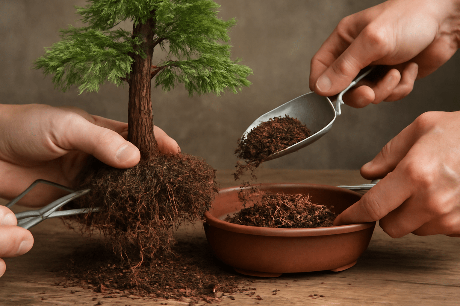 Hands holding a small tree with exposed roots, as soil is added to a bonsai pot using a scoop. The scene conveys care and attention to nature.