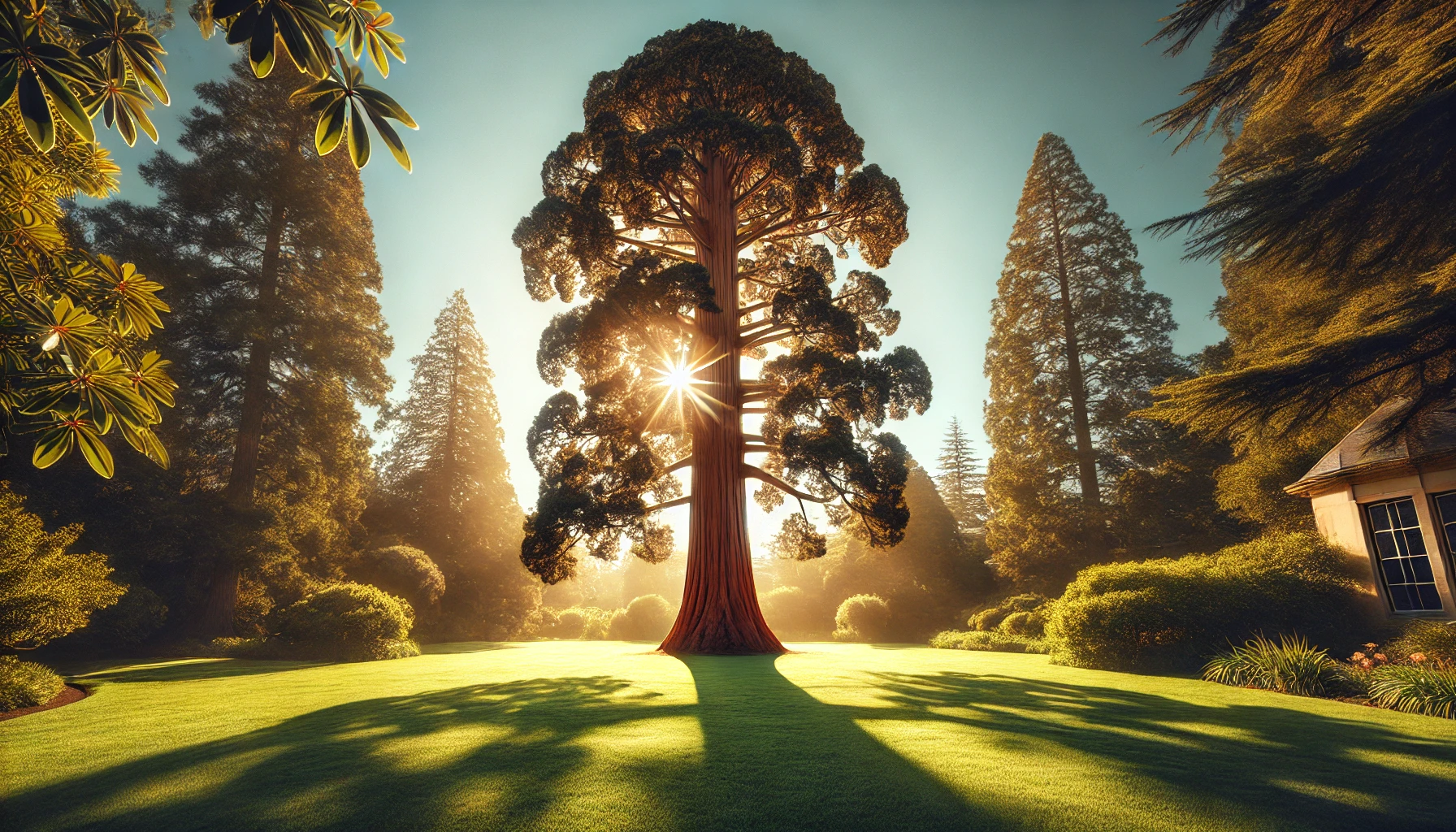 A majestic tree stands illuminated by sunlight, casting long shadows over a lush green lawn in a serene garden setting.