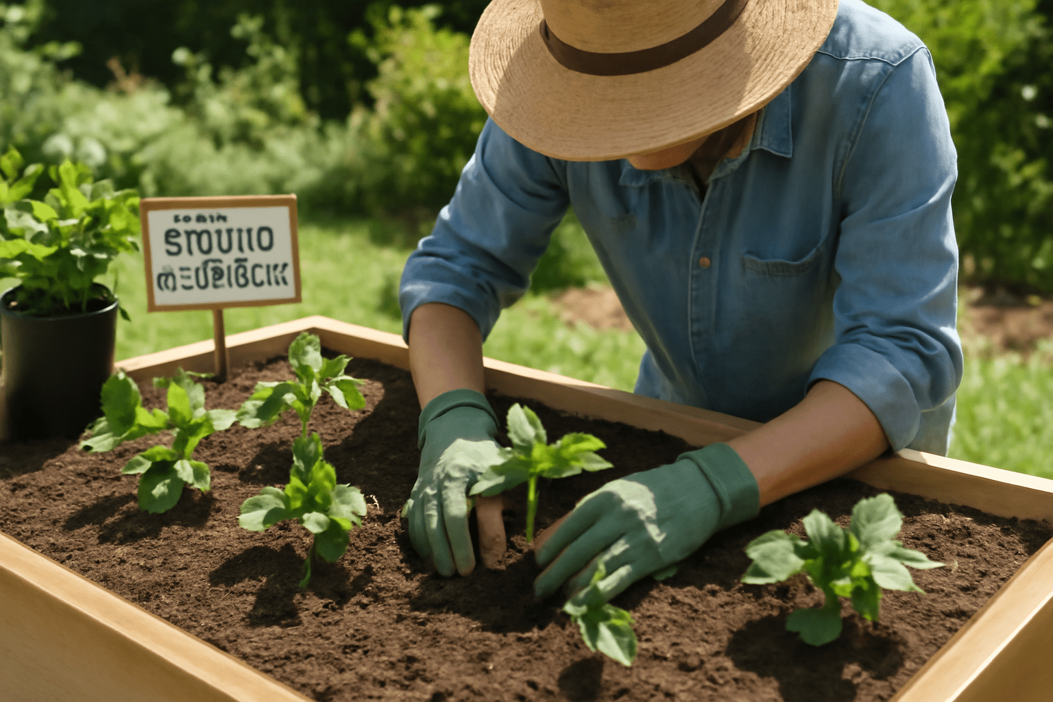 Person wearing a straw hat and gloves gardening in a raised bed. Green plants sprout from the soil. A sign with unreadable text is visible. Bright, sunny day.