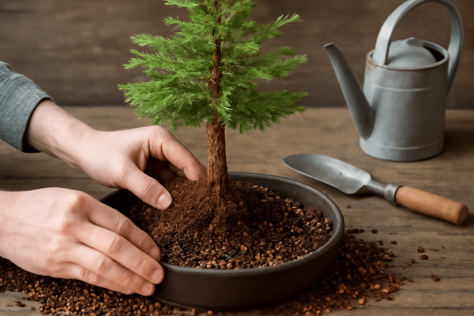 Hands gently planting a small tree in a pot filled with soil, with a metal watering can and trowel nearby. The scene conveys care and nurturing.