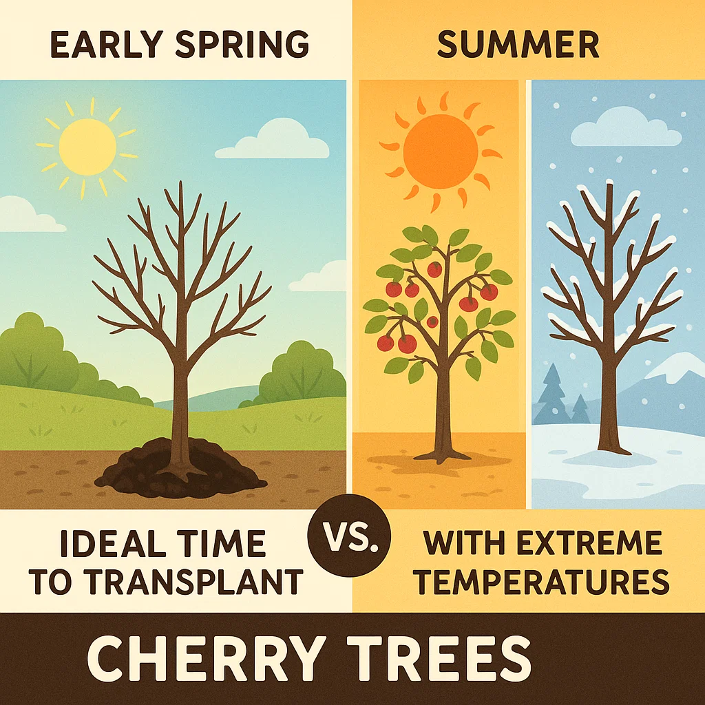 Infographic comparing ideal cherry tree transplanting in early spring versus the challenges faced in summer's extreme temperatures.