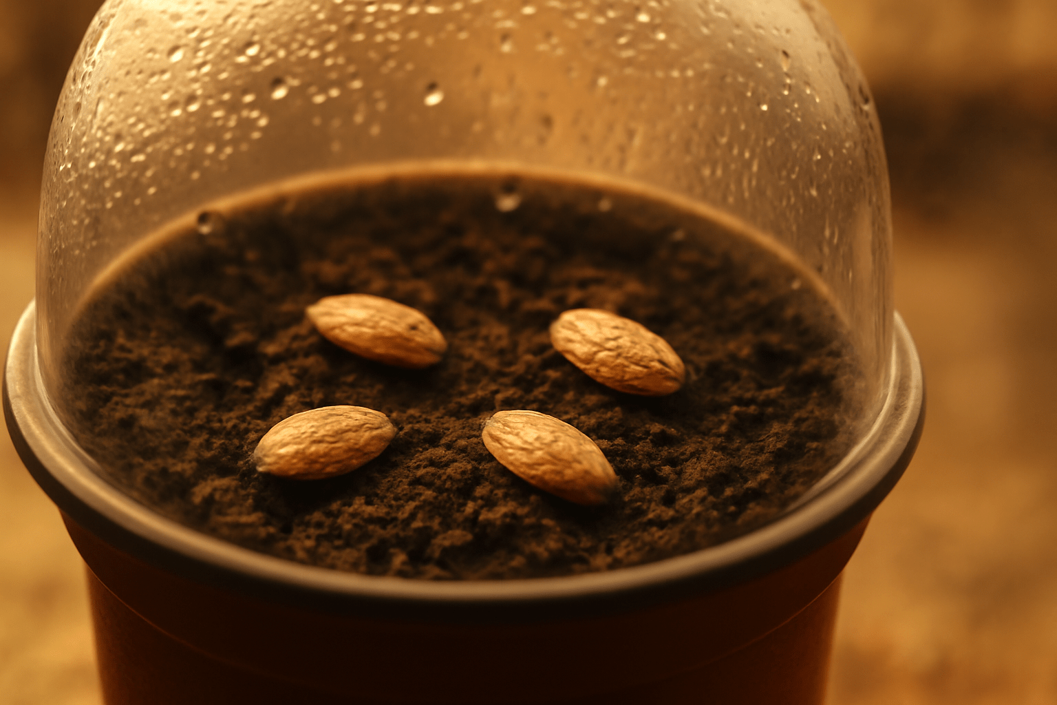 Four seeds placed on dark soil inside a small pot with a clear plastic dome, droplets visible on the dome. The scene conveys growth and anticipation.