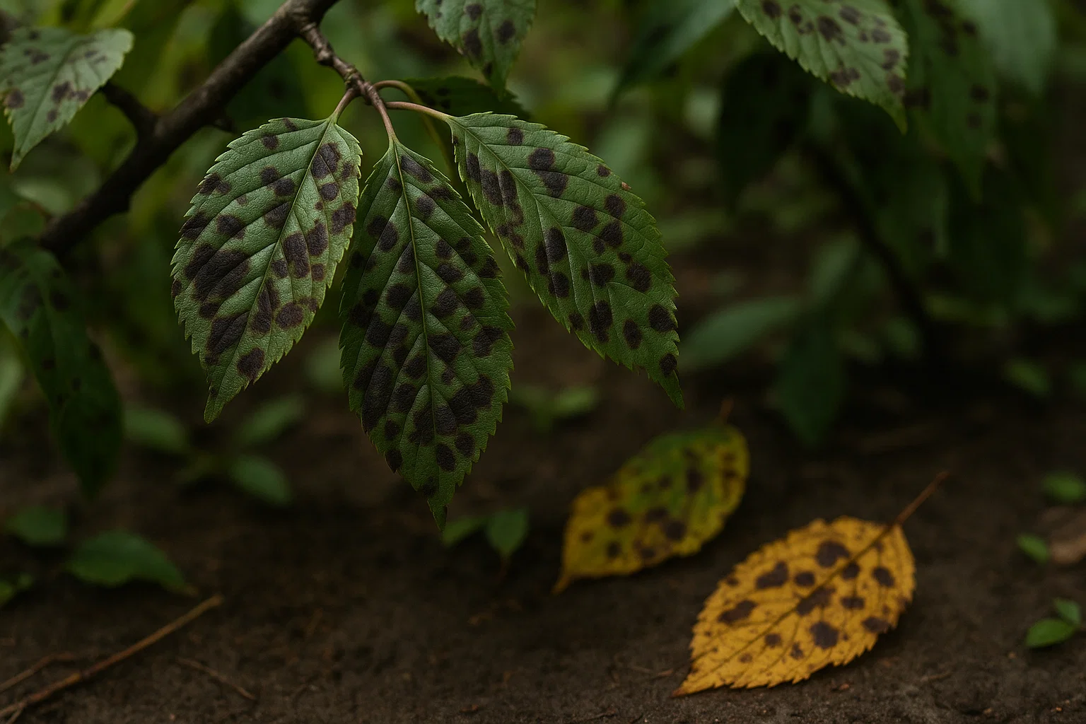 Green leaves with dark spots on a branch hang over the ground with fallen yellow and green spotted leaves.