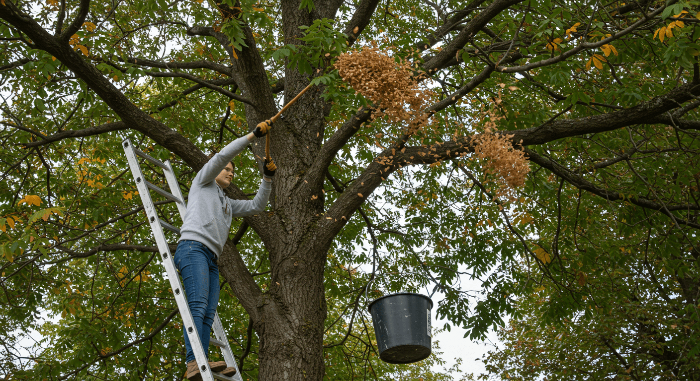 Person using a ladder to collect ash tree seeds with a bucket beneath the tree