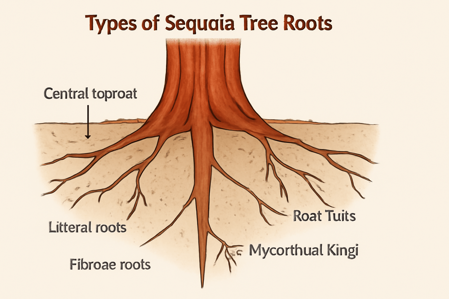 Illustration of Sequoia tree roots showing labeled types: central toproot, litteral, fibroae, roat tuits, and mycorthual kingi, set against soil.