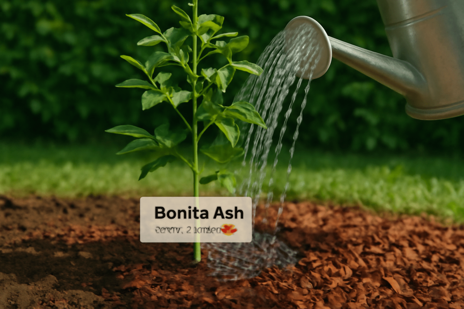 Gardener watering a young Bonita Ash tree with a watering can, showing healthy soil and vibrant leaves.