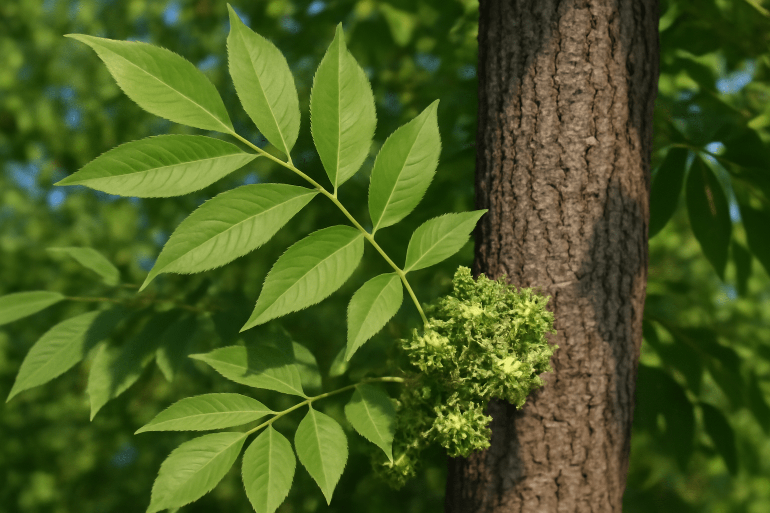 Detailed close-up of Fan Tex Ash Tree’s pinnate leaves, small flowers, and bark for easy identification.