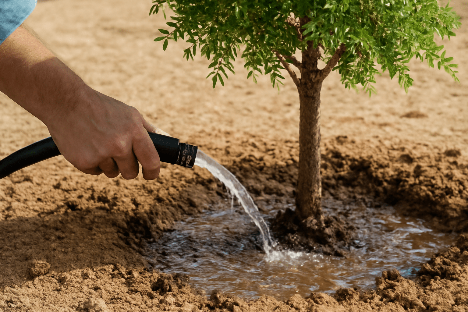 "Watering Ash Arizona tree with a hose, ensuring deep watering for healthy growth."