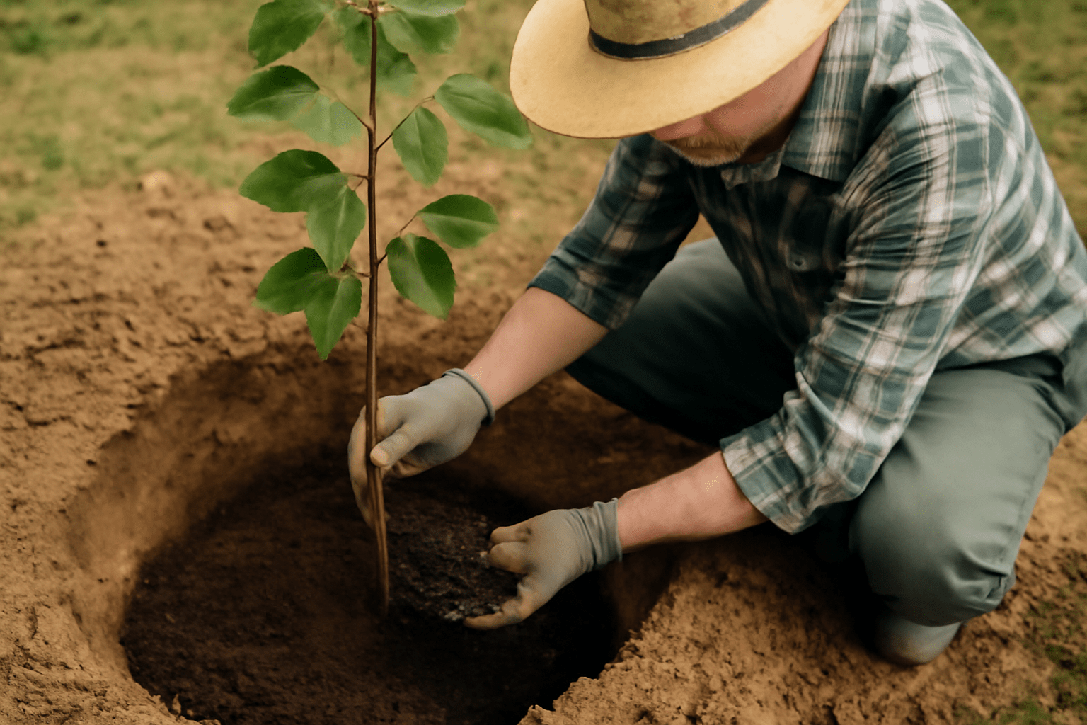 A man wearing a hat and gloves is planting a young tree in the ground. 