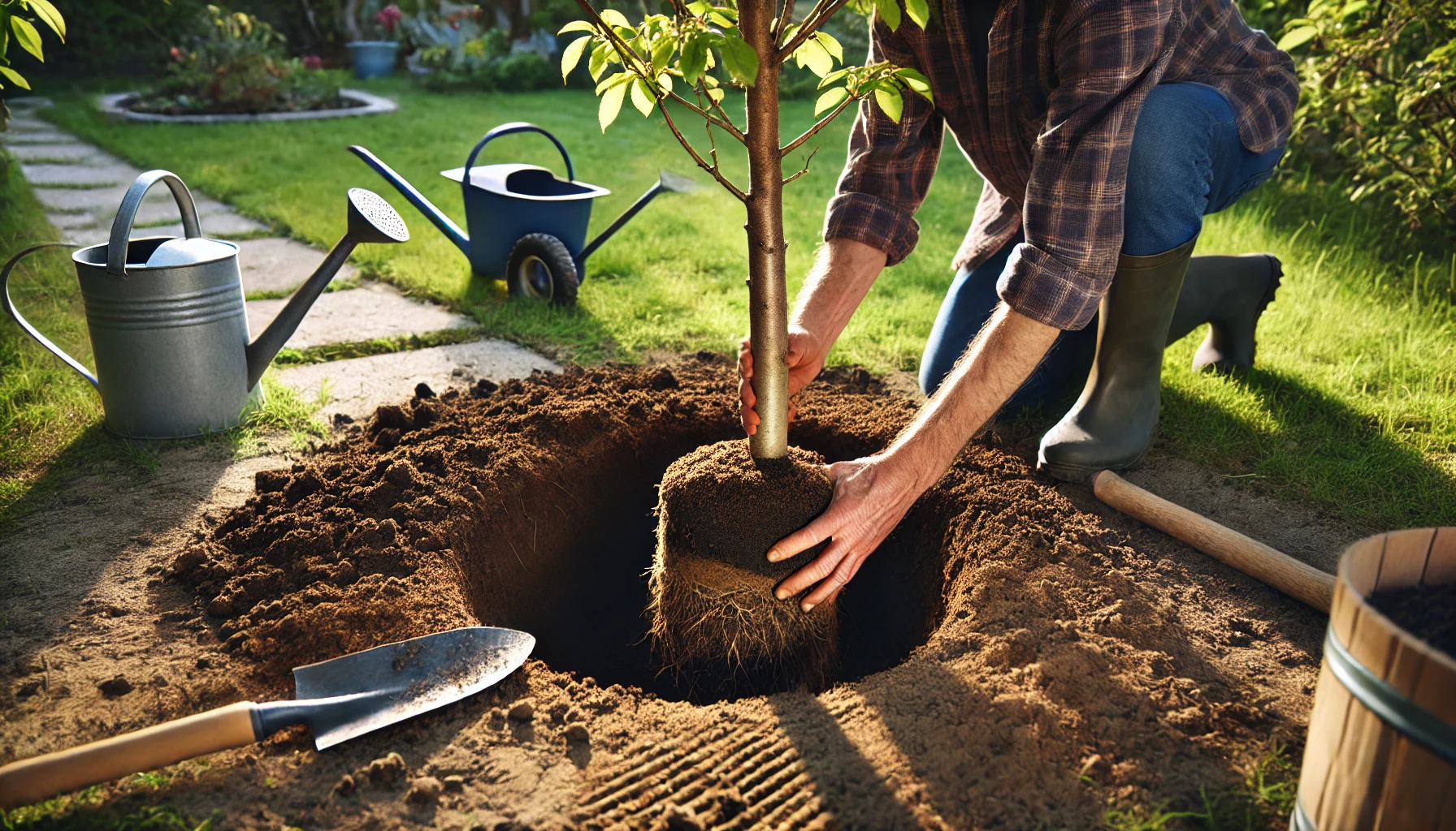 A person in boots planting a young tree in a garden, surrounded by gardening tools and fresh soil, under warm sunlight.