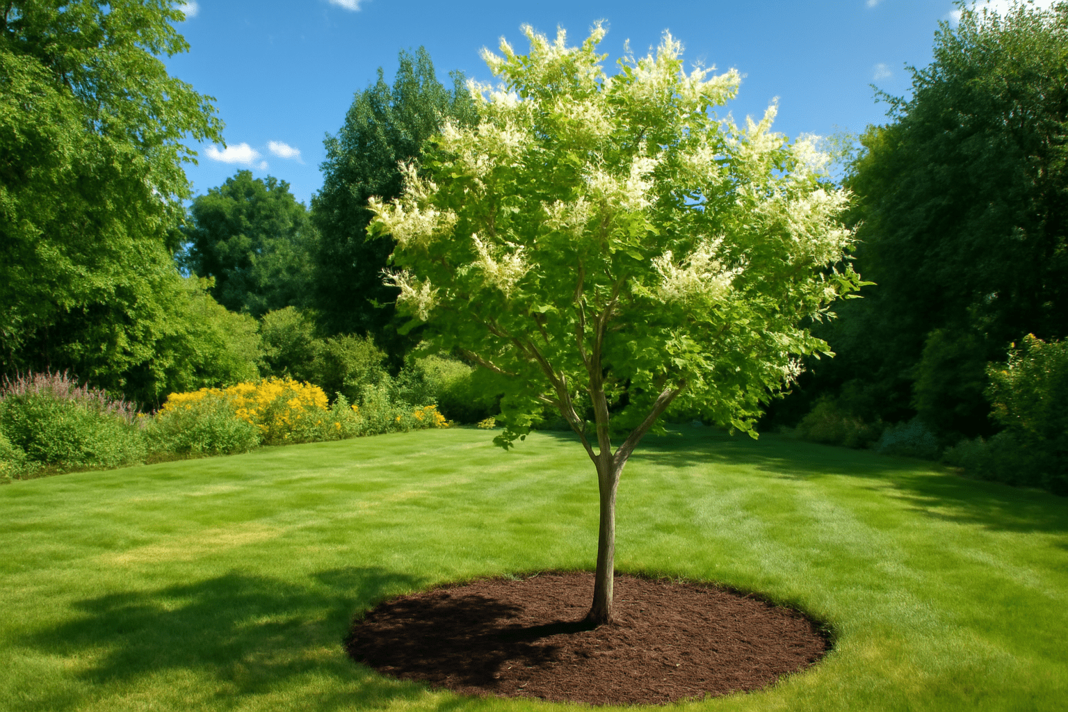 "Fragrant ash tree planted in optimal growing conditions with full sunlight and well-draining soil."