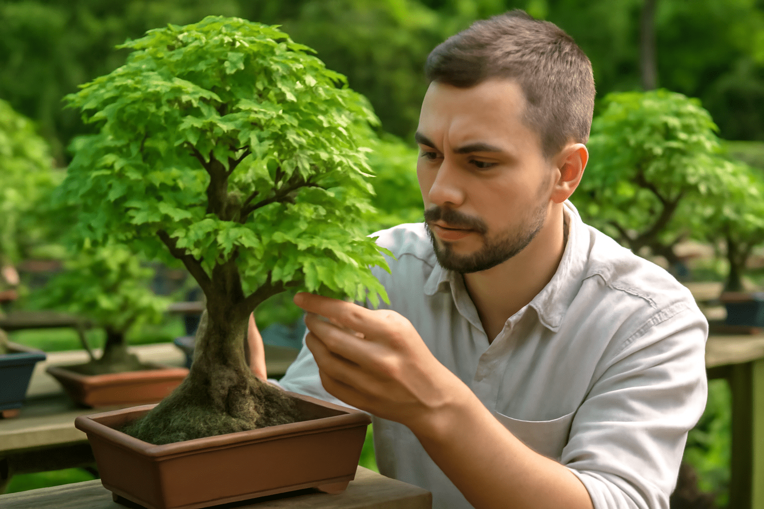 "Choosing a healthy ash bonsai tree at a nursery with a focus on trunk and leaves."