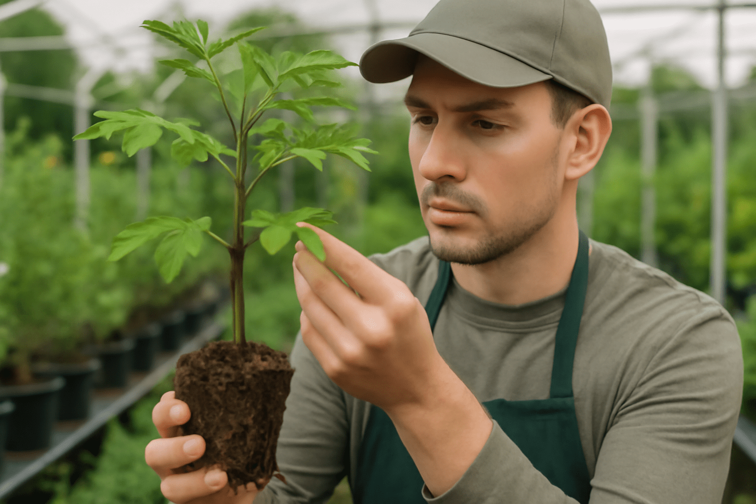 "Gardener inspecting healthy roots and leaves of an ash tree sapling."