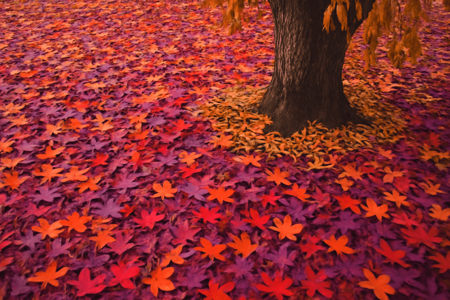 Yard covered with fallen leaves and seed pods from a Raywood Ash tree