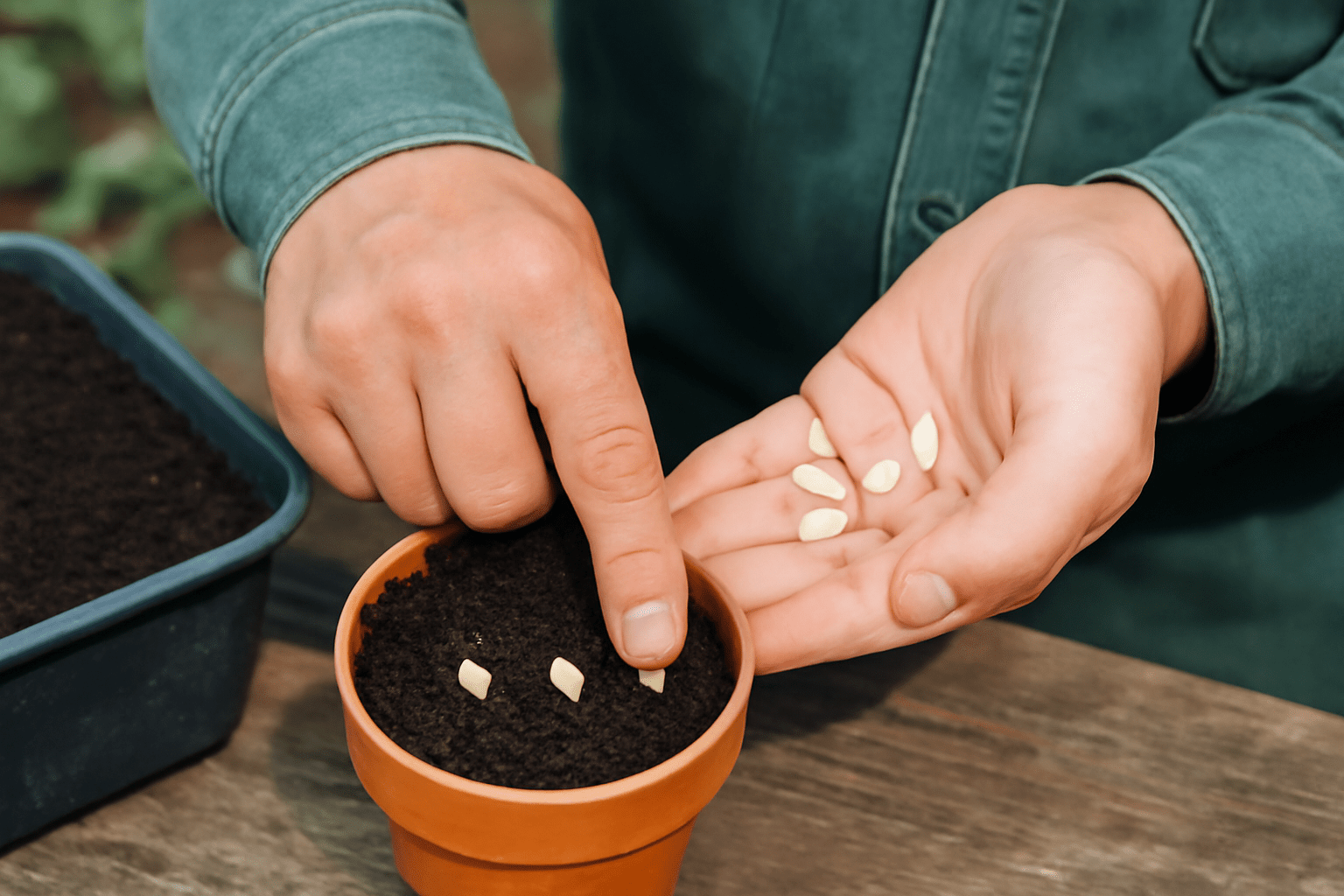 "Gardener planting white ash tree seeds in soil, ensuring correct depth and spacing in a small pot."