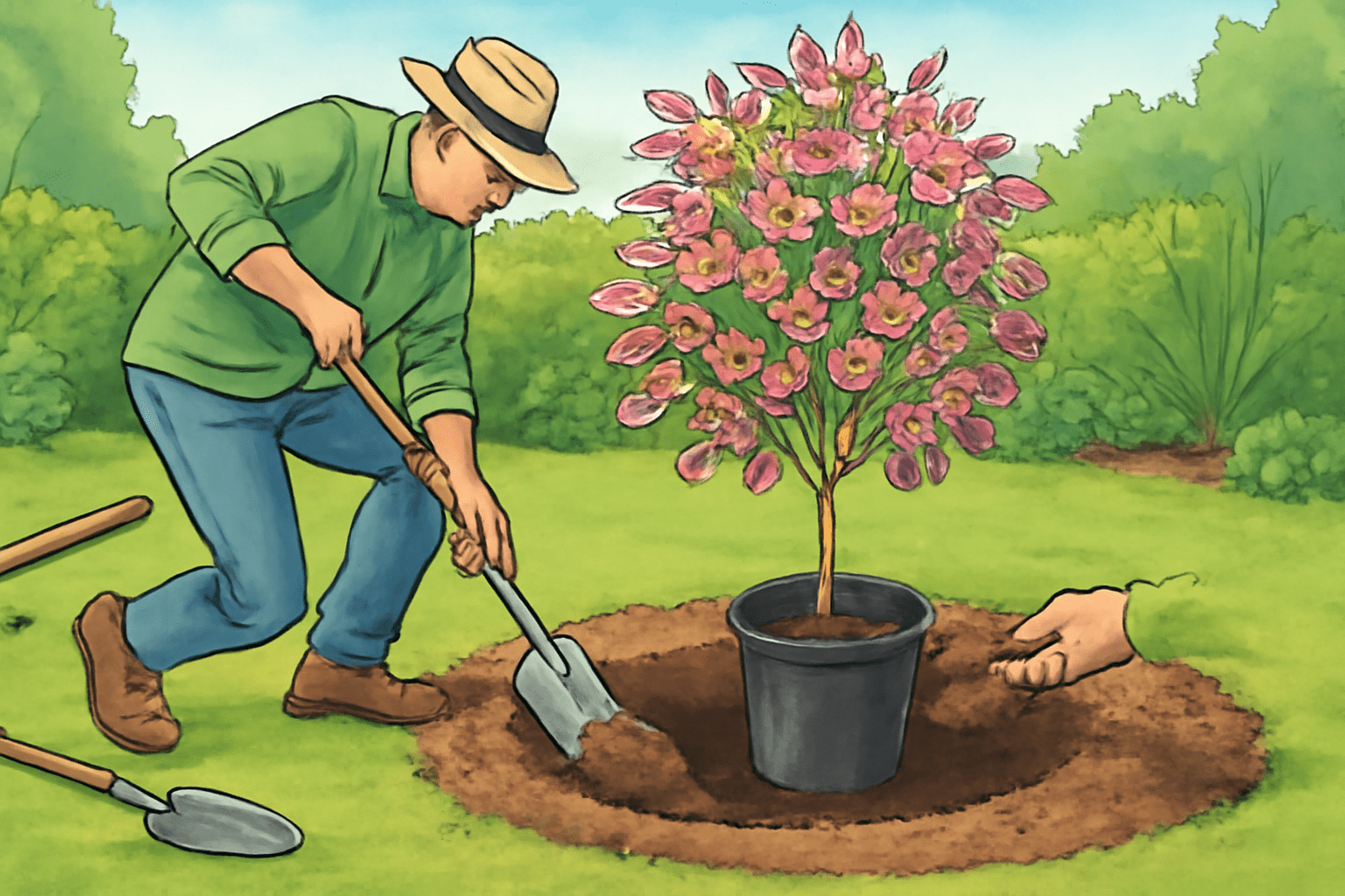 A person in a green shirt and straw hat digs a hole in a garden to plant a potted flowering tree, surrounded by tools and greenery.