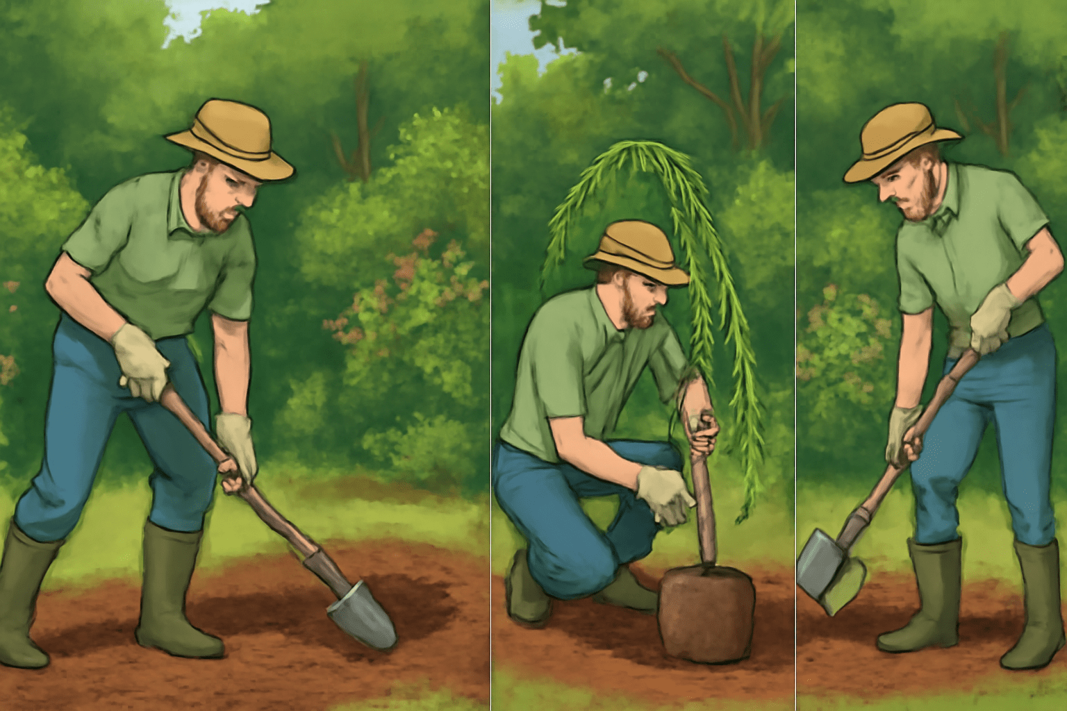 A man in a green shirt and hat plants a tree. He digs a hole, places the sapling, and fills the soil around it. The setting is a lush, green garden.