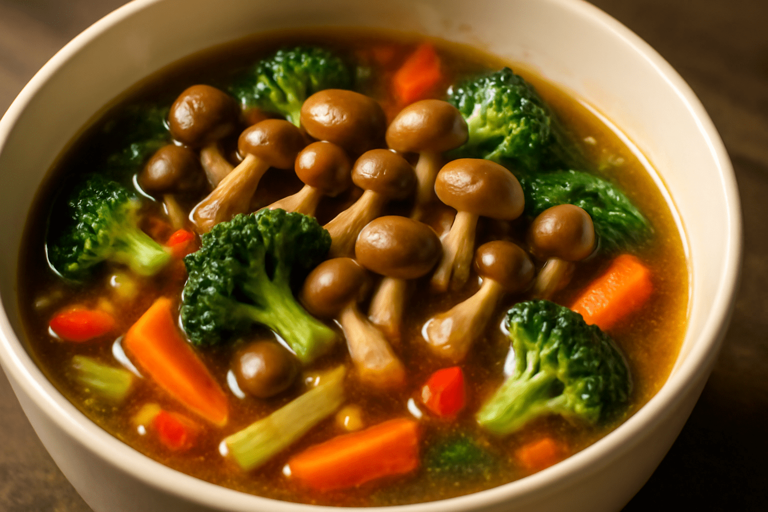 A bowl of vegetable soup featuring shimeji mushrooms, broccoli, carrots, and red bell peppers in a rich brown broth, creating a warm and inviting meal.