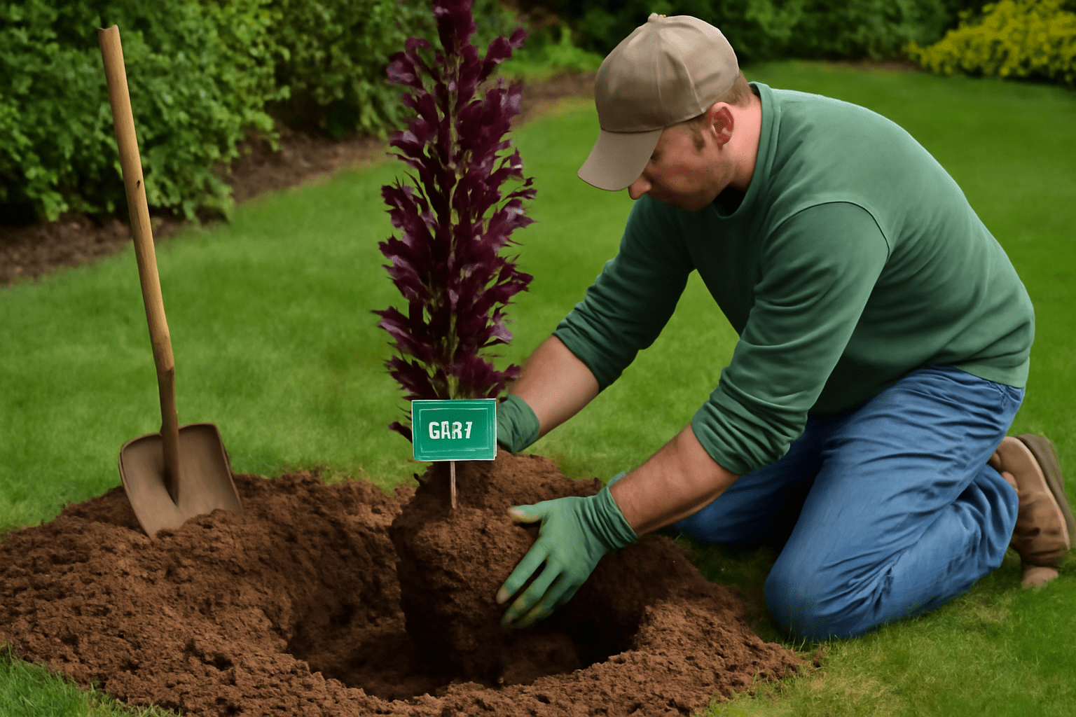 Man in a green shirt and cap planting a small tree in a garden. The tree has purple leaves, and a green sign labeled "GAR7" is beside it. A shovel rests nearby.