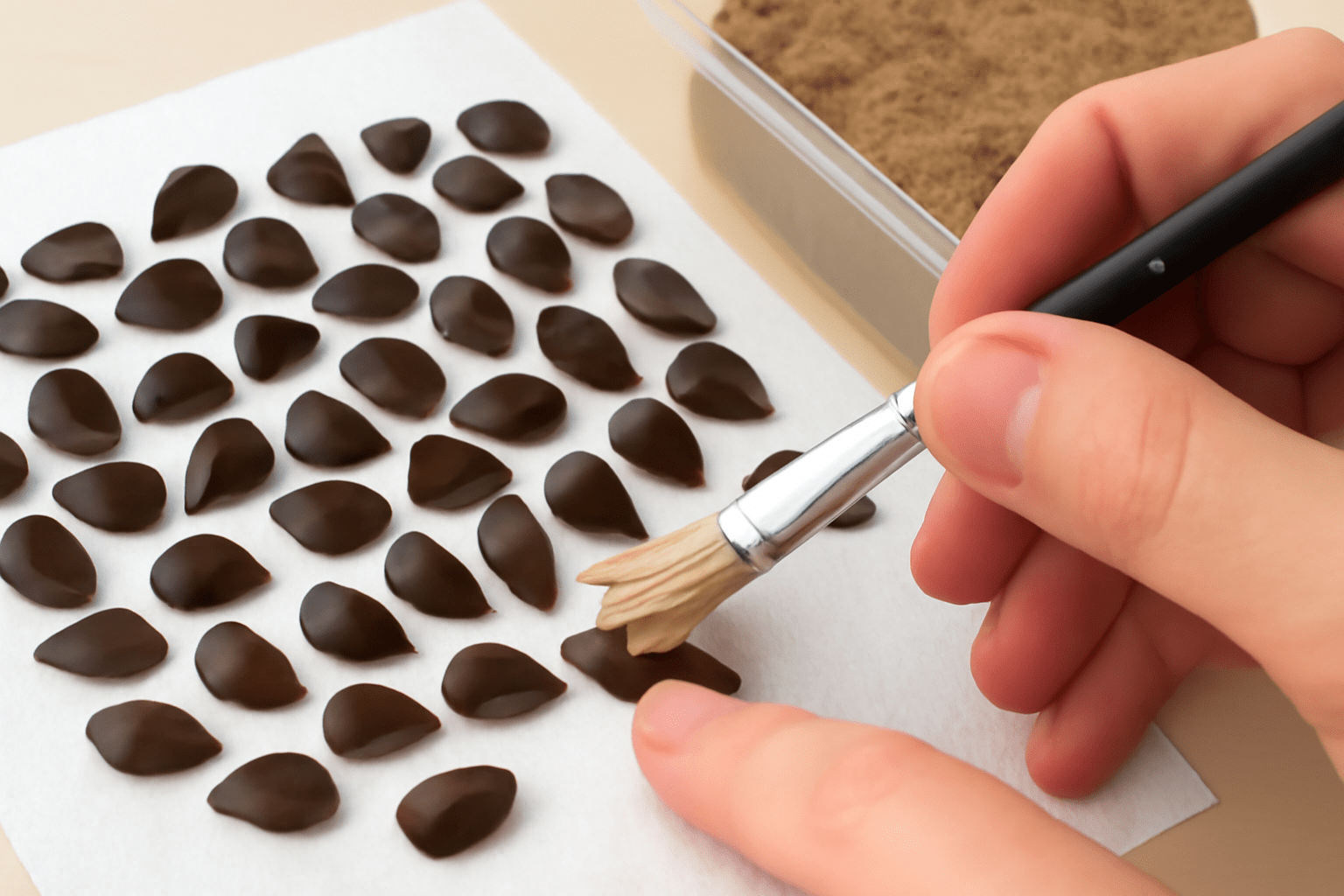 A hand uses a small brush to paint glue onto arranged brown candy petals on white parchment paper, suggesting meticulous and creative crafting.