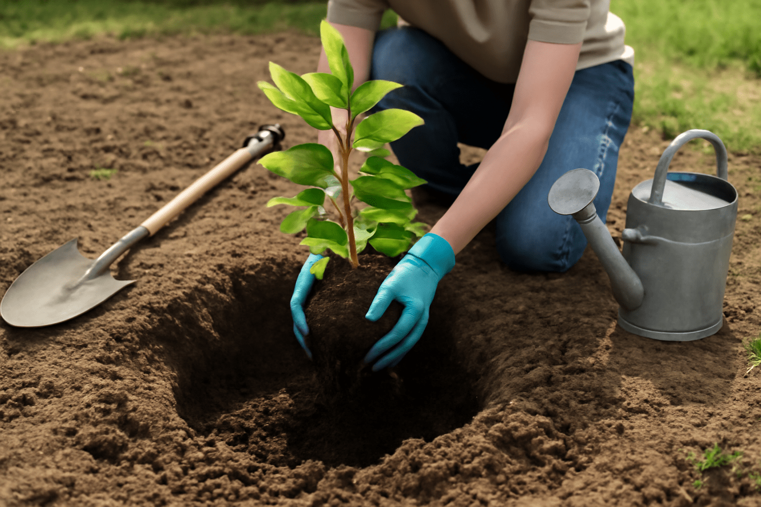 An individual is planting a small tree into the ground, demonstrating care for the environment.