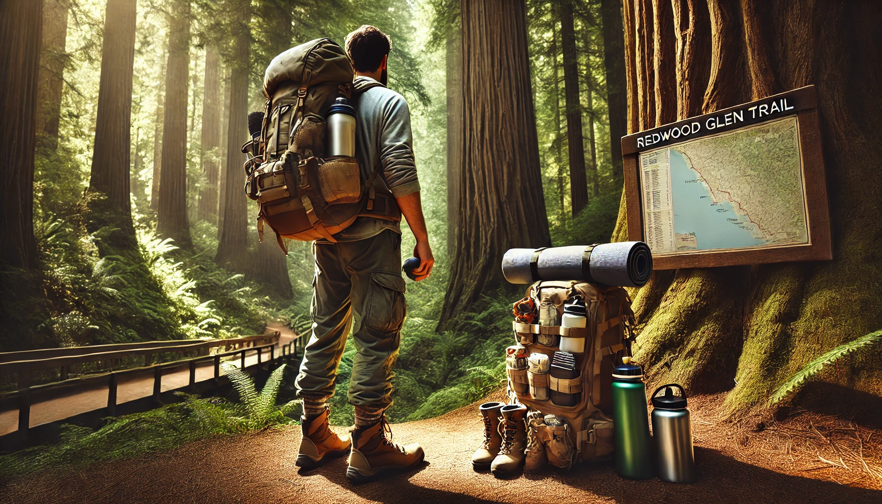 A hiker stands before a Redwood trees, backpack on, gazing at a trail map for Redwood Glen Trail, surrounded by lush greenery.