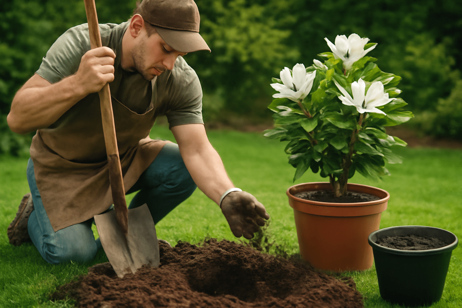 "Gardener planting a Teddy Bear Magnolia Tree with proper soil preparation and planting steps."