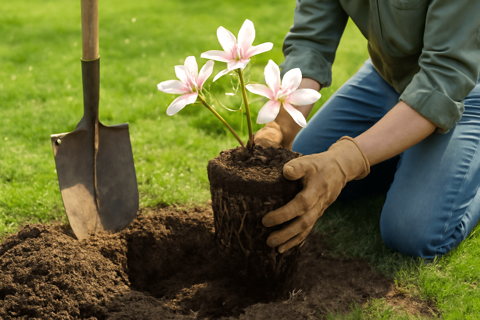 "Gardener planting a butterfly magnolia tree in well-drained soil."