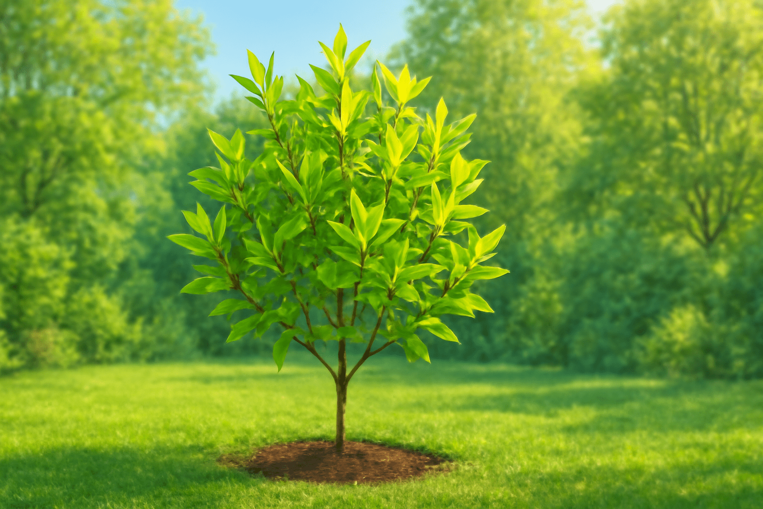 "Magnolia tree with fresh new leaves growing in spring sunlight."
