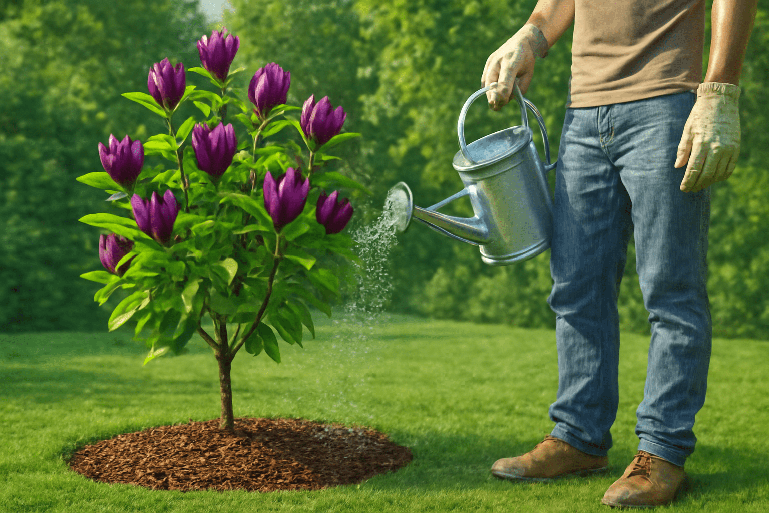 "Black tulip magnolia tree surrounded by mulch and being watered in a garden."