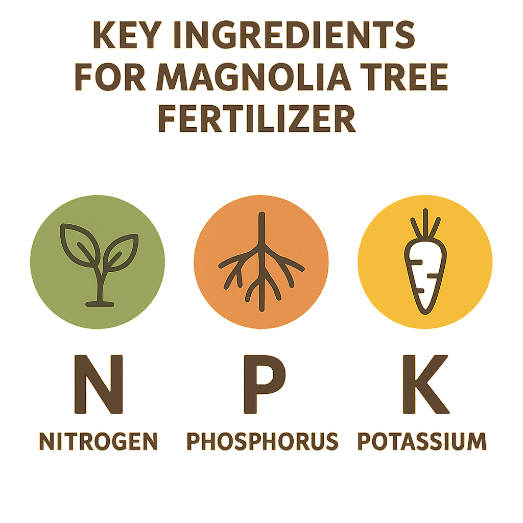 "Infographic showing essential nutrients for magnolia trees: Nitrogen, Phosphorus, and Potassium"