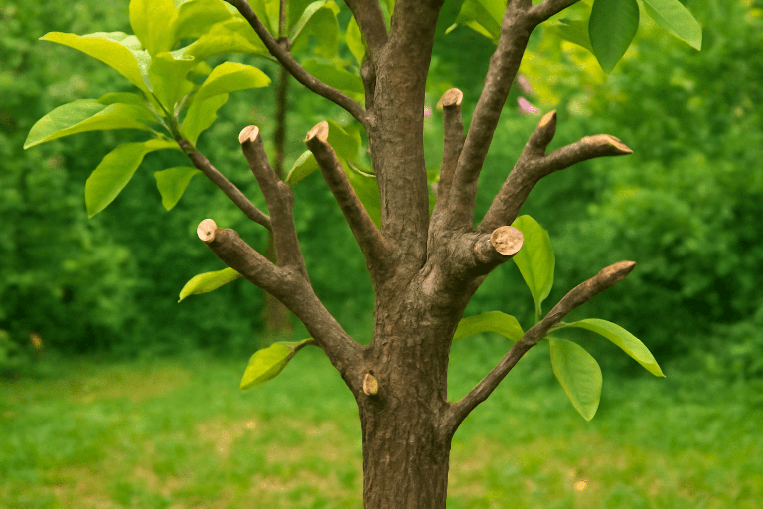 Magnolia tree showing common pruning mistakes: over-pruned branches and cuts too close to the trunk.