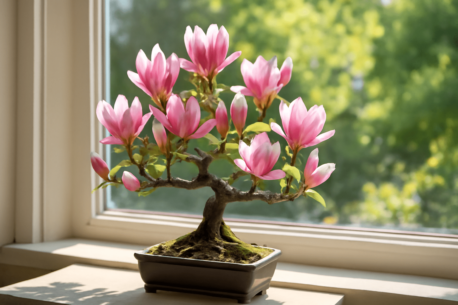 "Magnolia Bonsai Tree on a sunny windowsill with bright indirect sunlight."