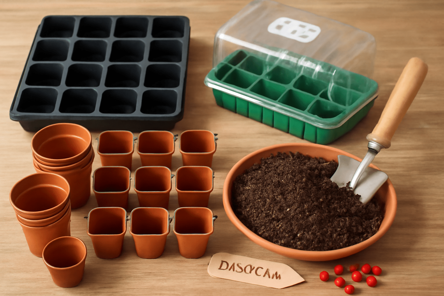 "Gardening tools and materials for growing magnolia trees from seed including seed trays and pots"