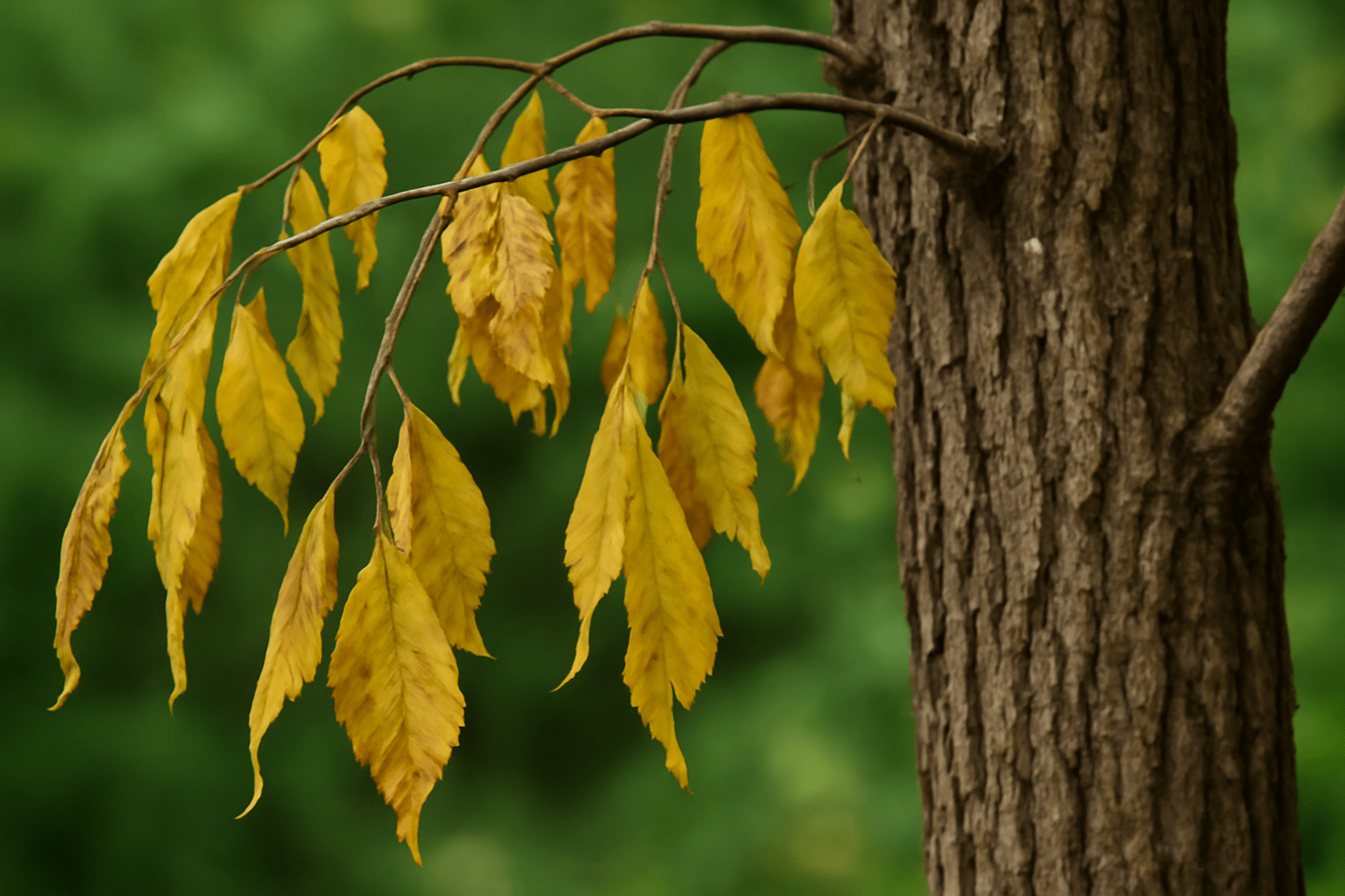 A tree with vibrant yellow leaves gently swaying in the breeze against a clear blue sky.