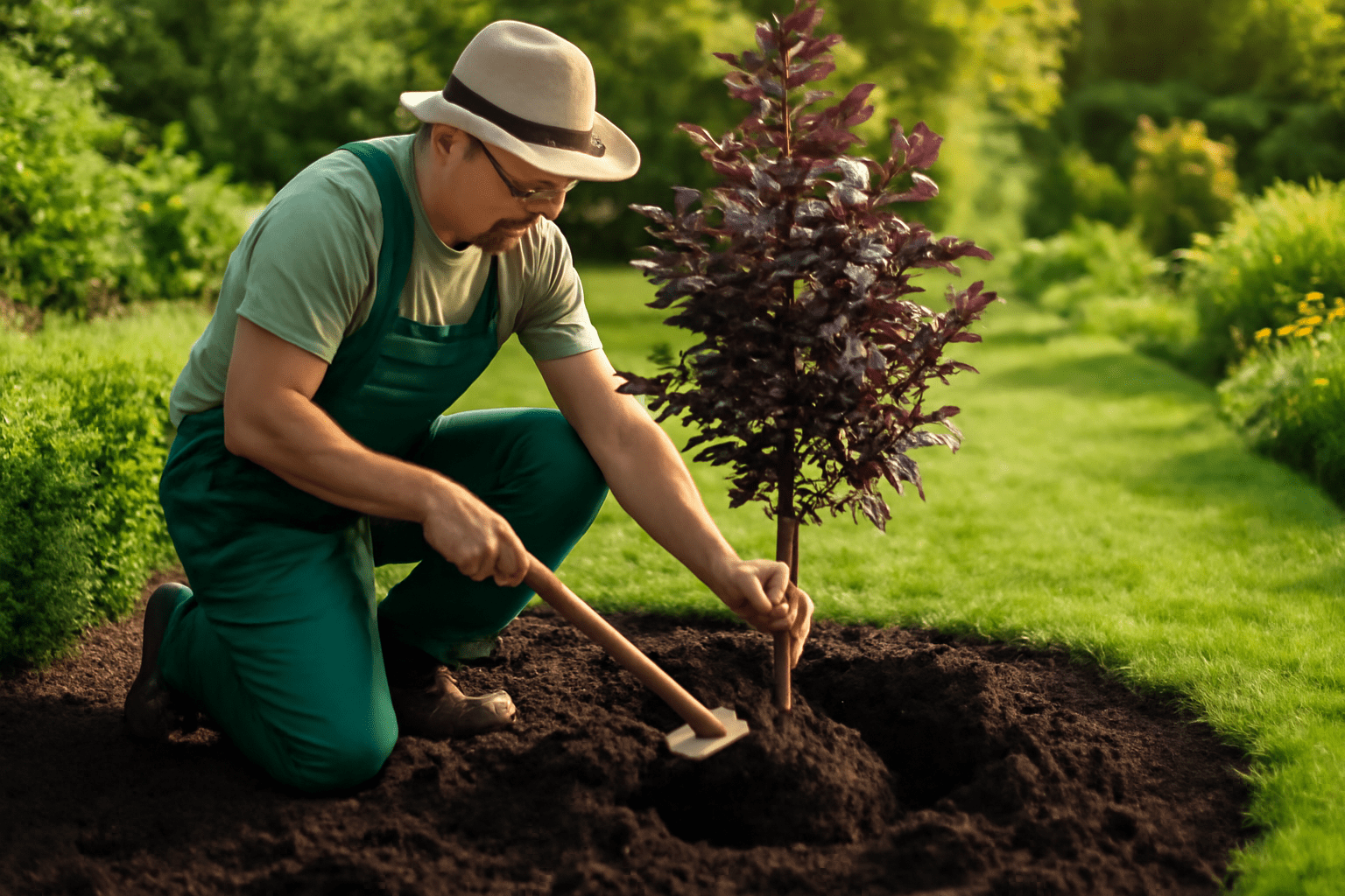 Gardener kneels to plant a young tree with reddish leaves in rich soil. He's wearing a hat and green overalls, surrounded by lush greenery on a sunny day.