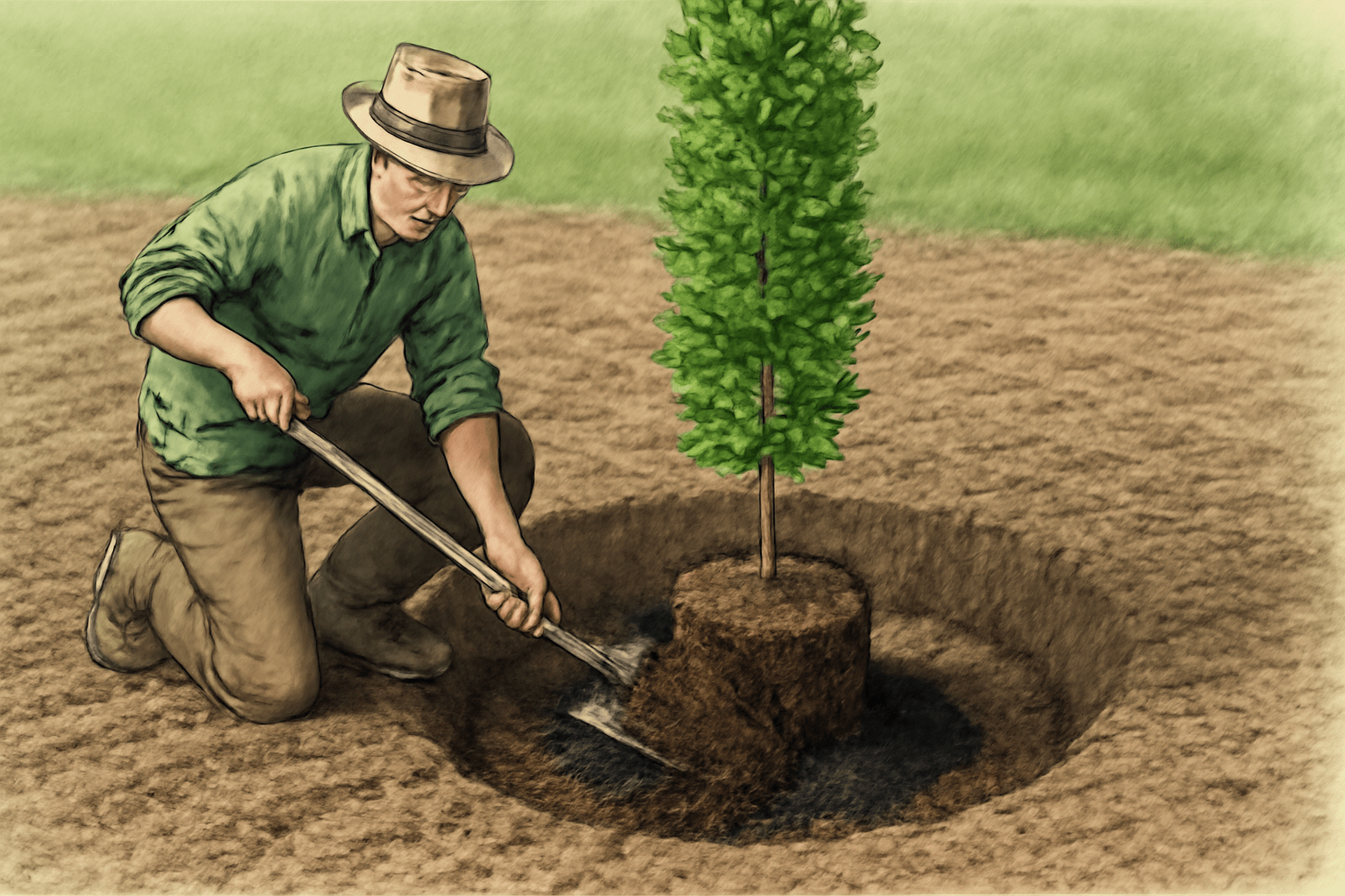 A person in a green shirt and hat kneels, using a shovel to plant a young tree in freshly turned soil. The setting is calm and earthy.