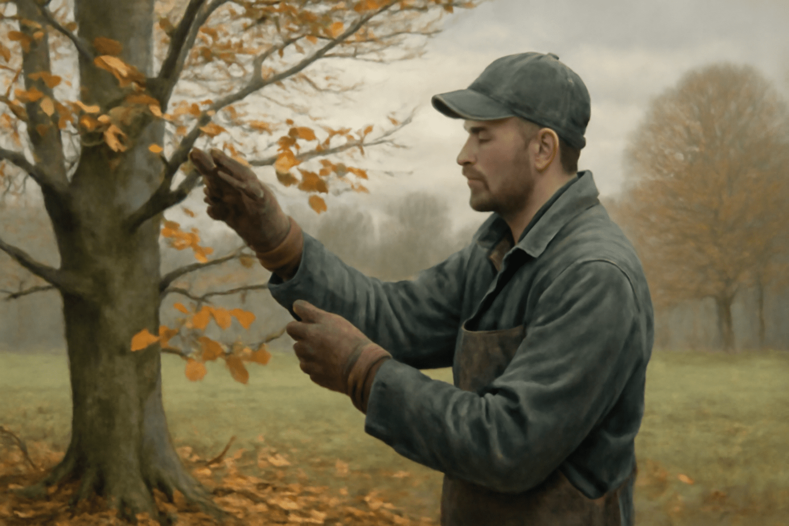 A man wearing a cap and gloves examines autumn leaves on a tree. The scene is tranquil, with muted colors and overcast sky, evoking a calm, reflective mood.