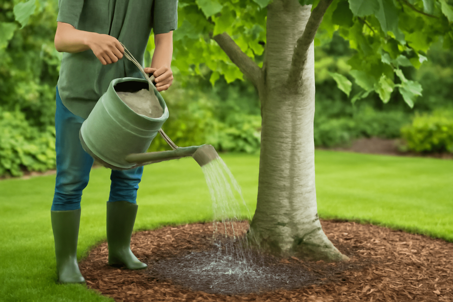 A person wearing green boots and a shirt waters a tree with a watering can, standing on a well-manicured lawn, surrounded by lush greenery.