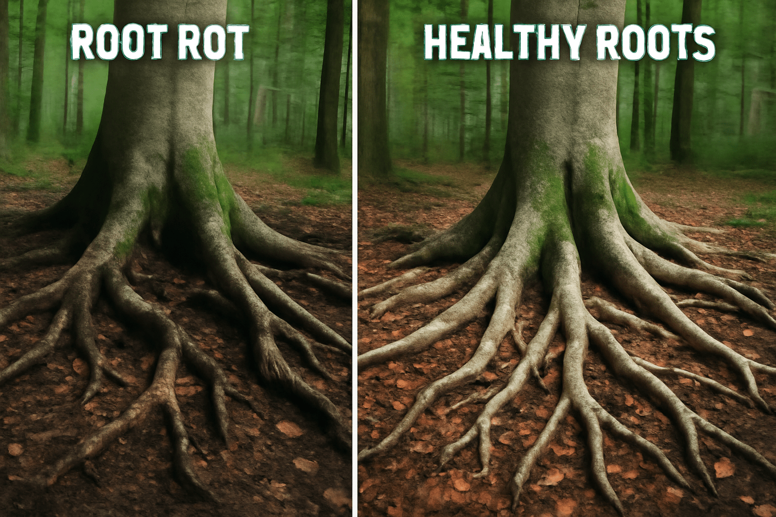 Split image of tree roots in a forest; left side shows dark, decaying roots labeled "Root Rot," right side shows vibrant roots labeled "Healthy Roots."