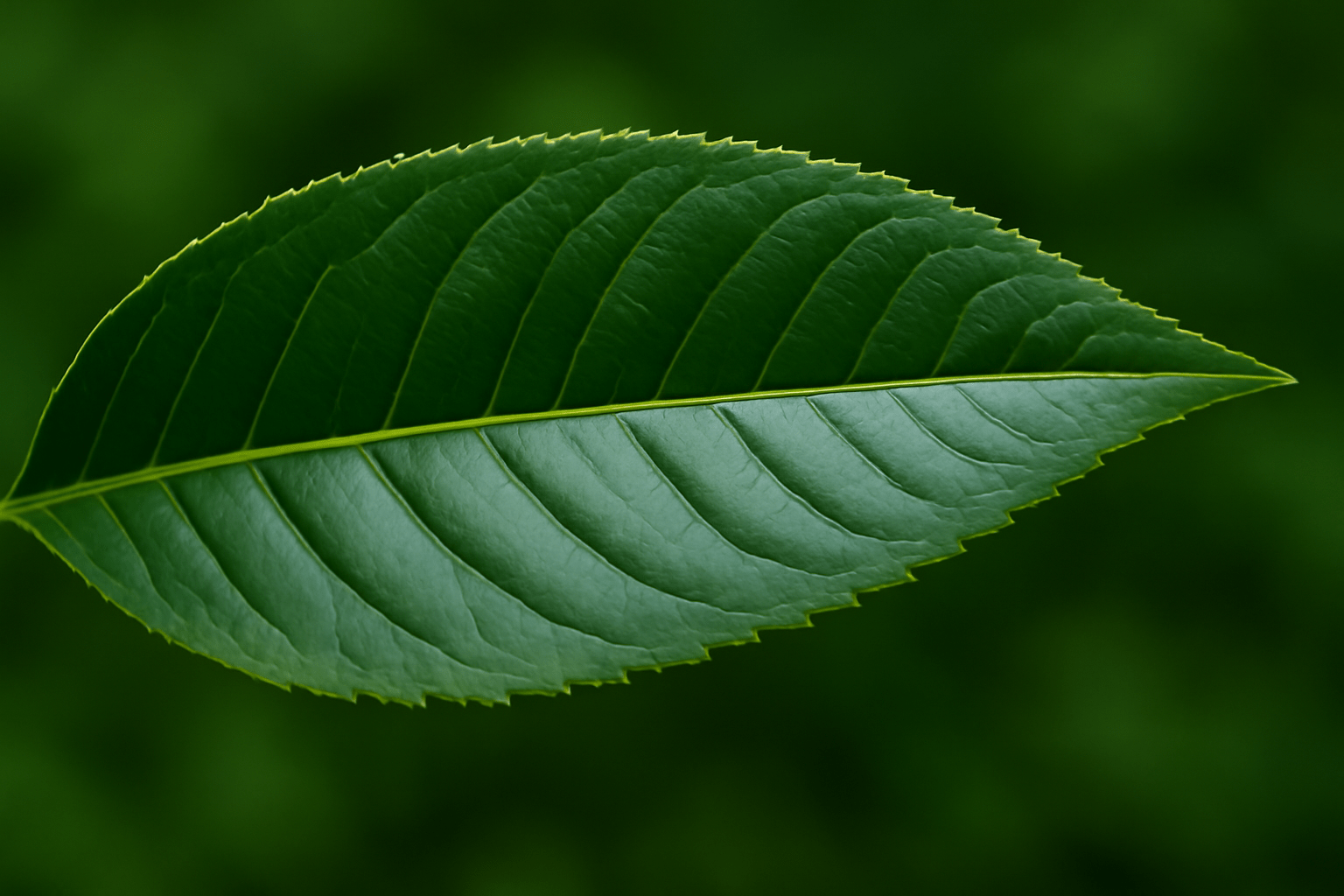 “Close-up of healthy pecan nut tree leaves with serrated edges, showing vibrant dark green color and glossy texture.” 