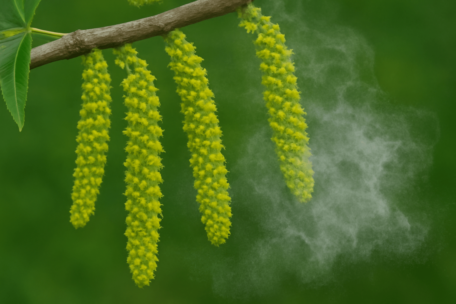 "Close-up of male pecan tree flowers (catkins) hanging from a branch, releasing pollen into the air."
