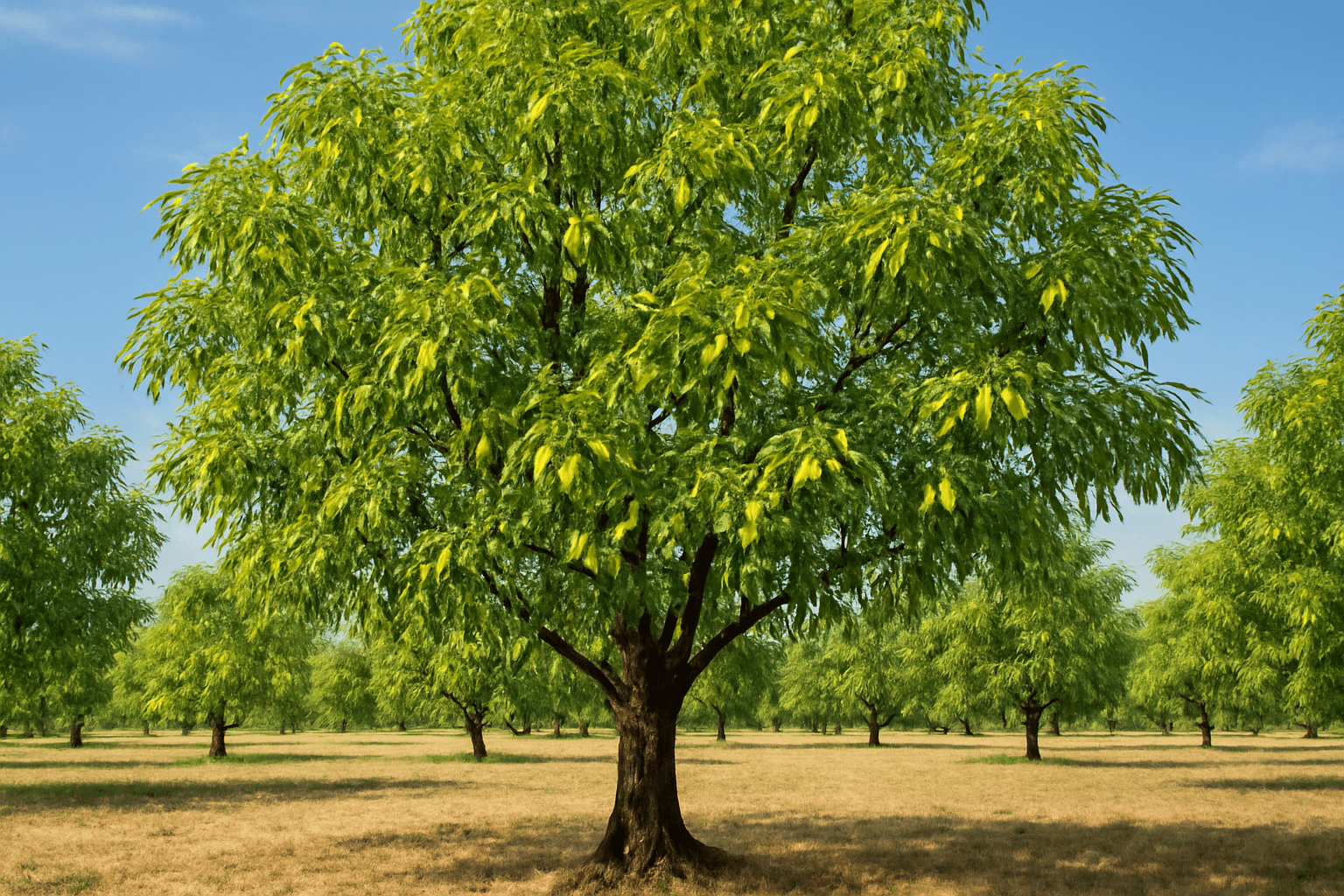"Vibrant orchard with productive pecan trees showcasing maximum yield."