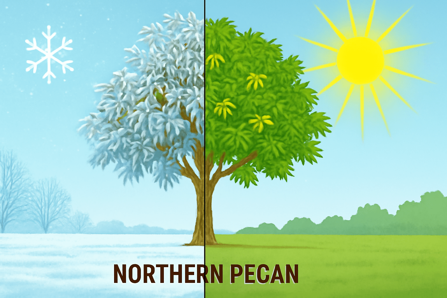 "Northern Pecan tree thriving in different climates, one in a cold area and the other in a sunny climate."