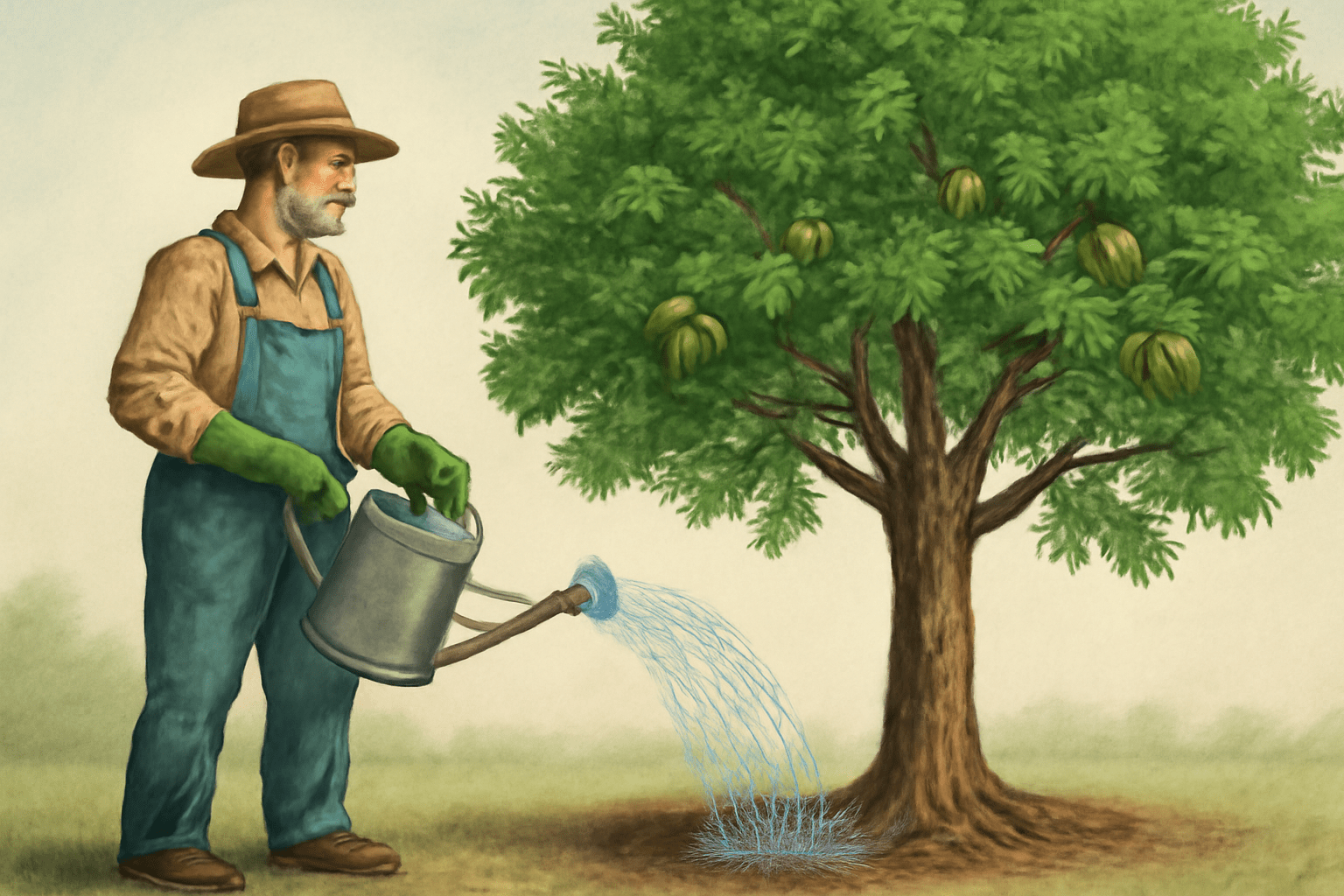 "Gardener watering a healthy candy pecan tree, demonstrating proper care and maintenance."